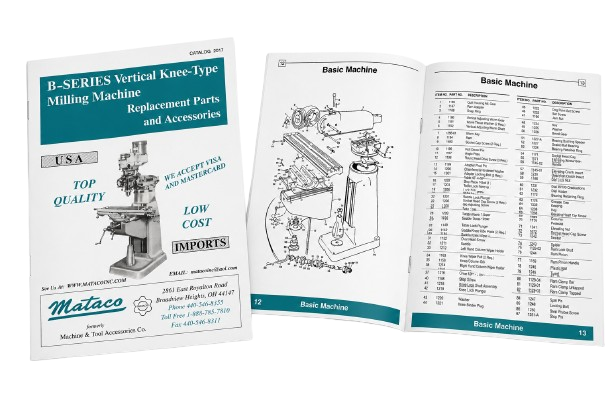 Bridgeport milling machine replacement parts catalog by Mataco featuring B-Series vertical knee-type mill components, exploded diagrams, and OEM replacement parts.