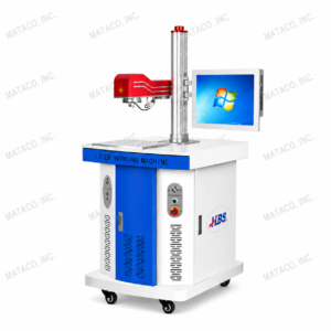 HBS industrial laser marking machine with red laser head, adjustable worktable, computer monitor, and wheeled cabinet for precision metal engraving